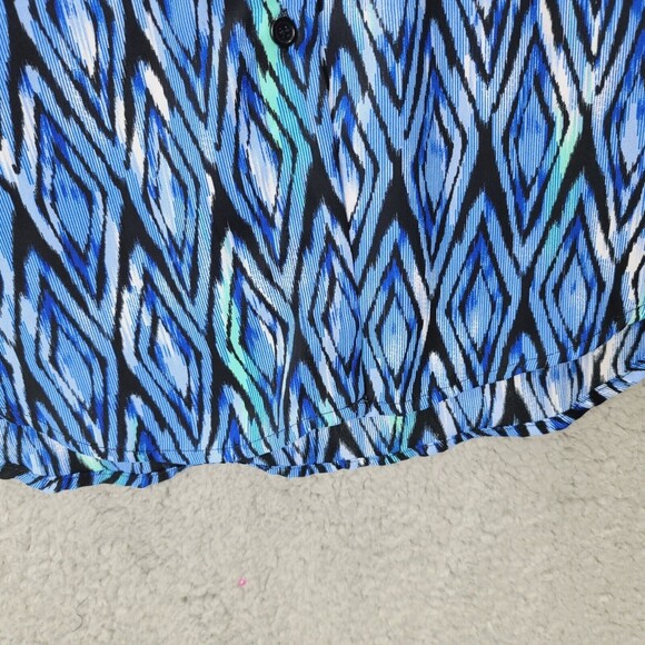 Tunic Top Womens L Blue Button Up Long Roll Tab Sleeves Collar Casual Geometric - Picture 8 of 12